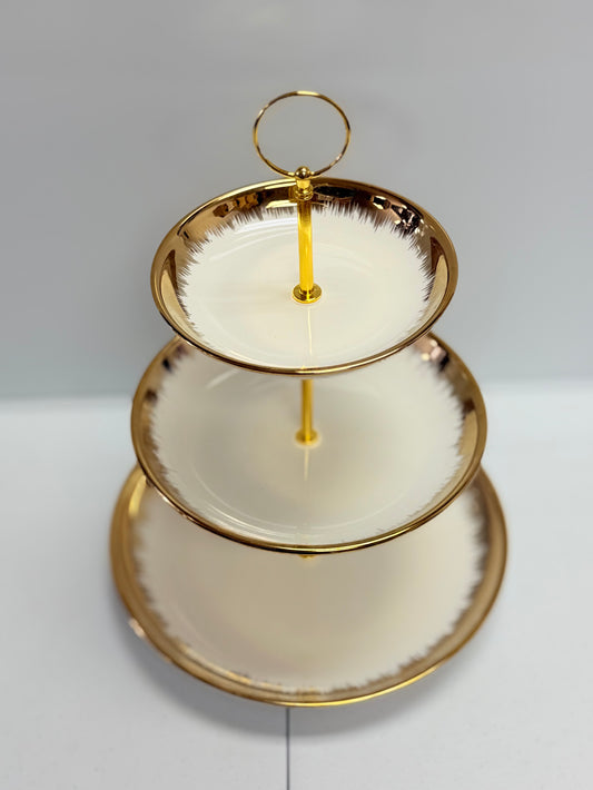 3-Tier Ceramic Cake Stand – White & Gold Finish (6", 8", 10") | 13" Height