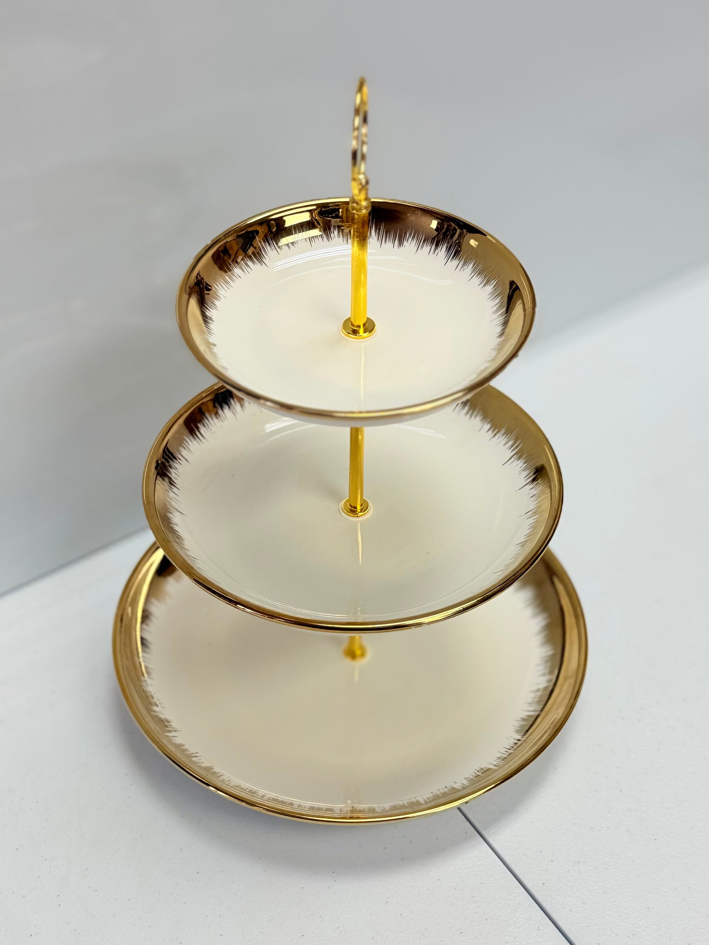 3-Tier Ceramic Cake Stand – White & Gold Finish (6", 8", 10") | 13" Height