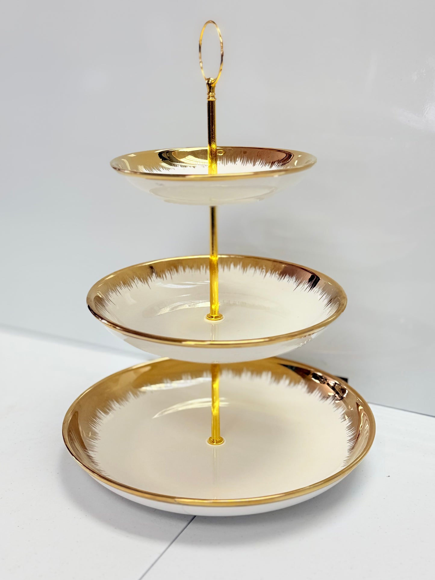 3-Tier Ceramic Cake Stand – White & Gold Finish (6", 8", 10") | 13" Height